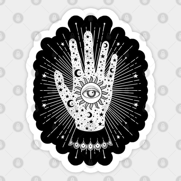 Palmistry Palm with All Seeing Eye, Sun, Moon and Stars in White Sticker by The Lunar Resplendence